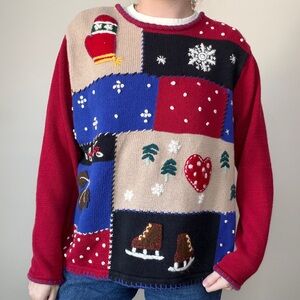 vintage novelty winter scene patchwork sweater Classic Elements size XL
